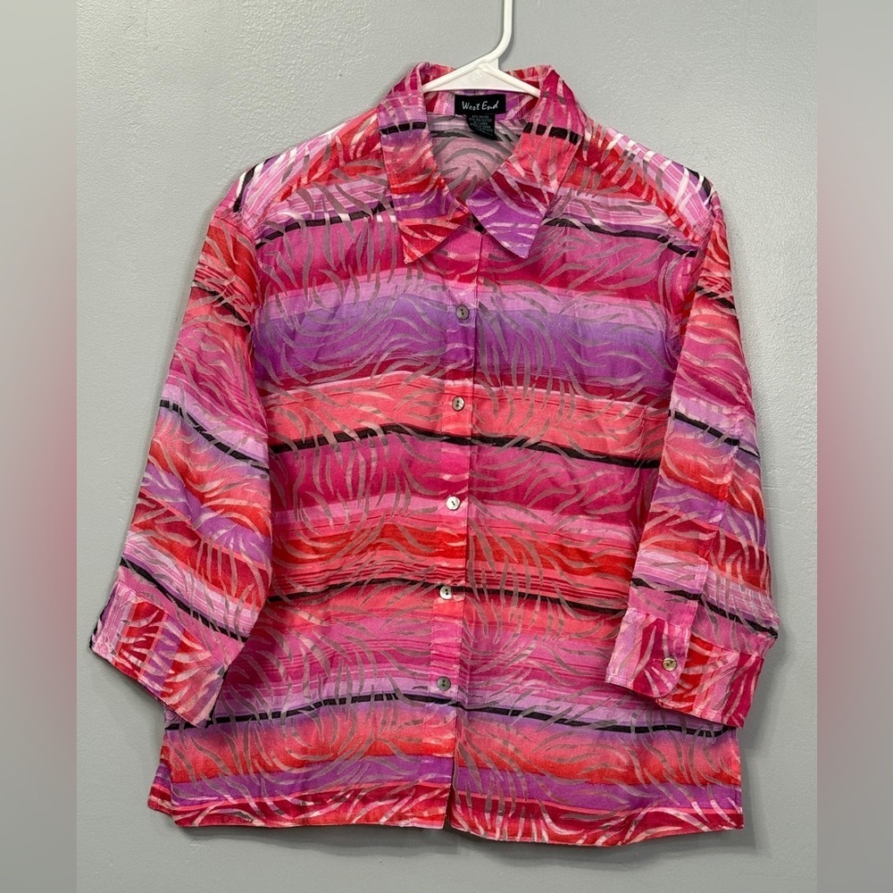 #12) Vivid Red Women's Sheer Button Down Shirt - Pink and Purple